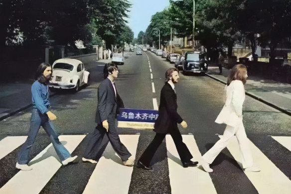 A meme mocking the removal of the street sign from the street which became the site of protests in Shanghai because it shares a name with the city where 10 people under lockdown died in a fire.