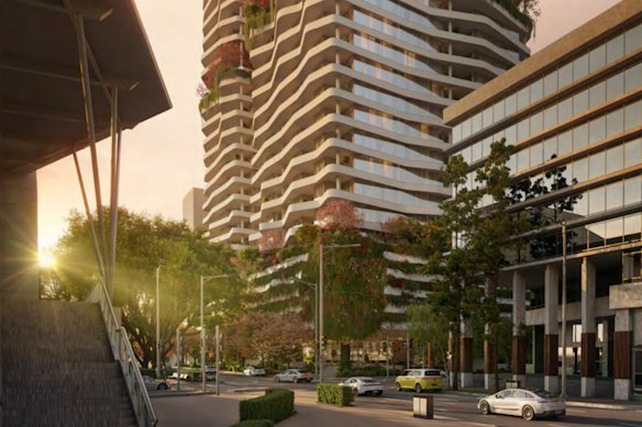An artist’s impression of the lower levels of the proposed Merivale Street Residences, as seen from the Brisbane Convention and Exhibition Centre.