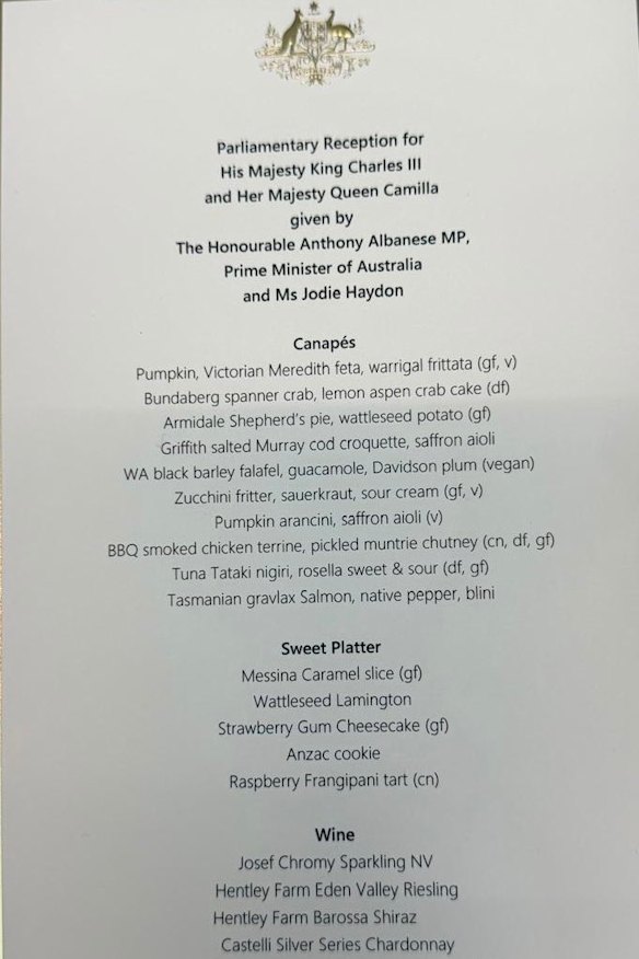 The official menu for King Charles’ parliamentary reception.