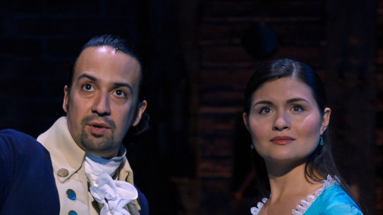 Lin Manuel Miranda and Phillipa Soo in as Alexander Hamilton and Eliza Schuyler in Hamilton.
