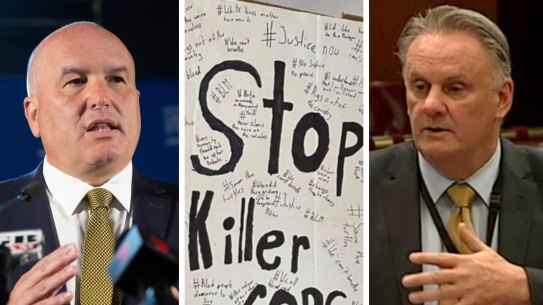 COmposite - Posters displayed at Lindfield Learning Village school on Sydney’s upper north shore. Photo supplied.NSW Minister for Police David Elliott speaks during a media briefing ahead of the launch of an operation to enforce the closure of the NSW/Victorian border tonight.The high-visibility policing operation will be launched, Sydney ,Tuesday 7 July 2020). Photo: Jessica Hromas Mark Latham October 20, 2020
