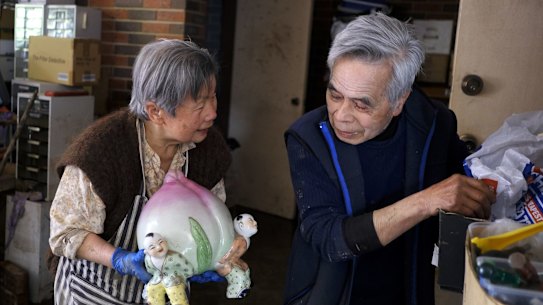 Photo of Sue Louey with husband Hon Louey at their flooded home in Maribyrnong on Monday 17 October 2022  Photo Luis Enrique Ascui