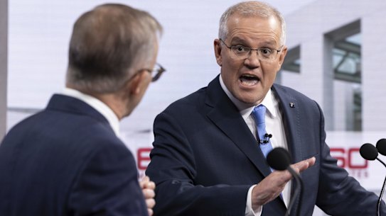 Australian Opposition Leader Anthony Albanese and Australian Prime Minister Scott Morrison during the second leaders' debate of the 2022 federal election campaign at the Nine studio in Sydney, NSW, on Sunday 8 May 2022. Photo: Alex Ellinghausen
