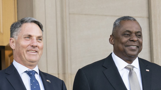US Secretary of Defence Lloyd Austin and Defence Minister Richard Marles meet outside the Pentagon.  