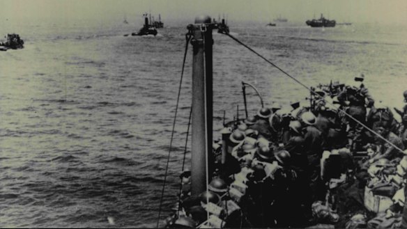 British and Allied troops being evacuated from the beach at Dunkirk after the fall of France in 1940.