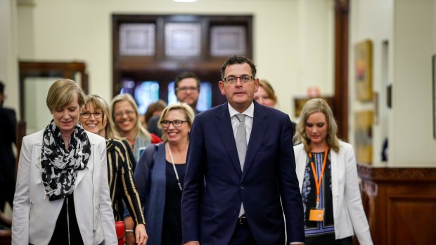 Rosie Batty with Victorian Premier Daniel Andrews and the late minister for the prevention of family violence Fiona Richardson, left, at the release of the royal commission report in 2016.