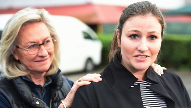 Harriet Wran (right), with her mother Jill Hickson-Wran, speaks to the media after being released from Silverwater Women's Correctional Centre in 2016.