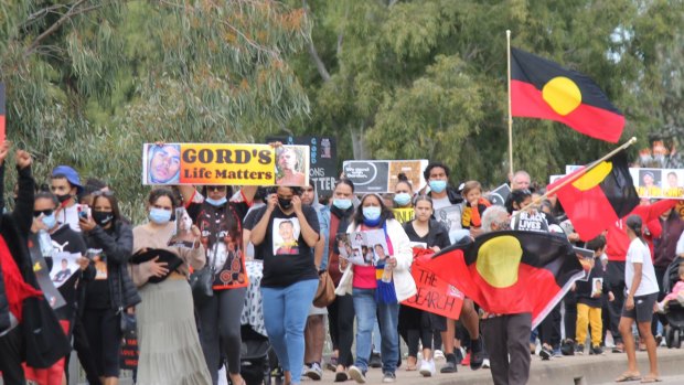 Crowds march through Moree in July to protest against the police response to Copeland’s disappearance.