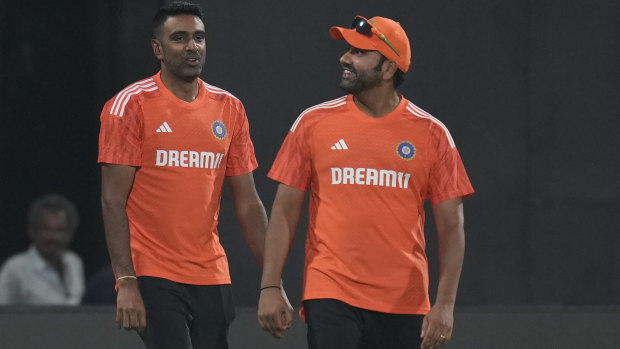 India’s captain Rohit Sharma, right, with mastger spinner Ravichandran Ashwin at training.