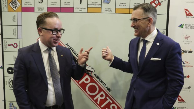 Qantas CEO Alan Joyce and Virgin Australia Group CEO Paul Scurrah, ahead of an address to the National Press Club last month where they pushed for greater airport regulation. 