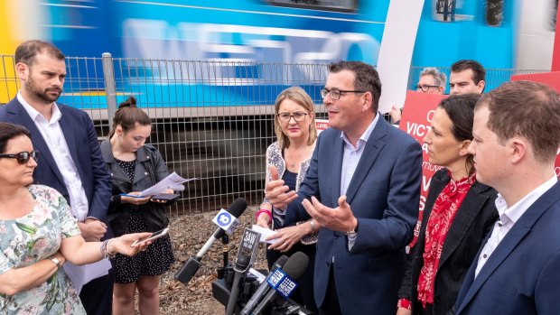 Victorian Premier Daniel Andrews spruiking his government's level crossing policy.