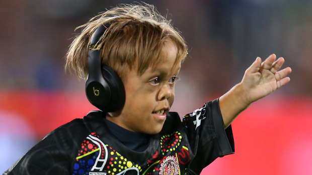 Quaden Bayles runs onto the field before the NRL match between the Indigenous All Stars and the New Zealand Maori Kiwis All Stars in February.