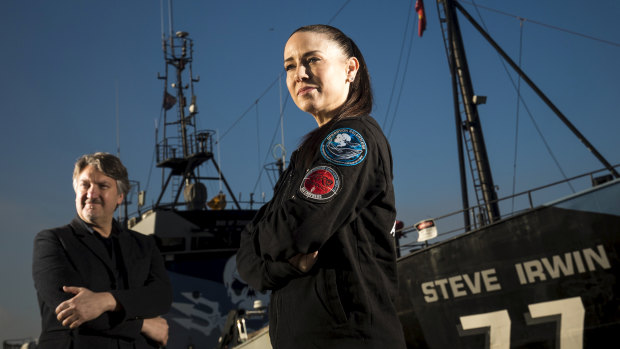 Aisha Reynolds, right, and director Stephen Amis aboard the retired Sea Shepherd vessel Steve Irwin in Williamstown.