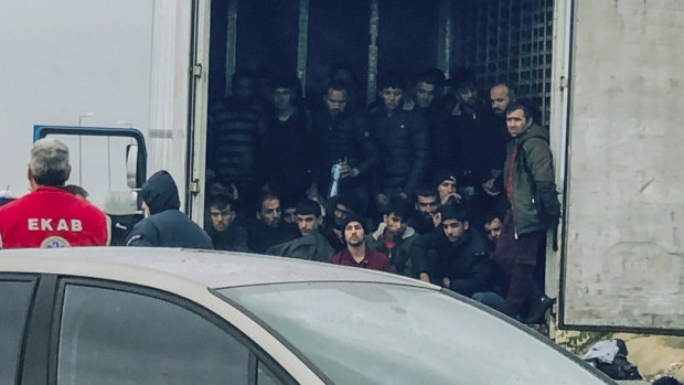 Migrants inside the truck found by police, near the town of Xanthi, Greece. 