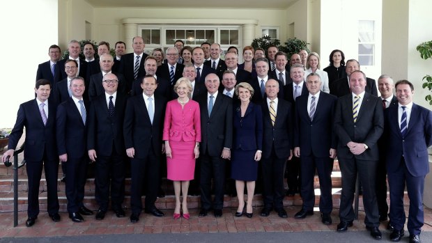 Government in exile? Tony Abbott and his new ministry at their swearing-in in 2013. 
