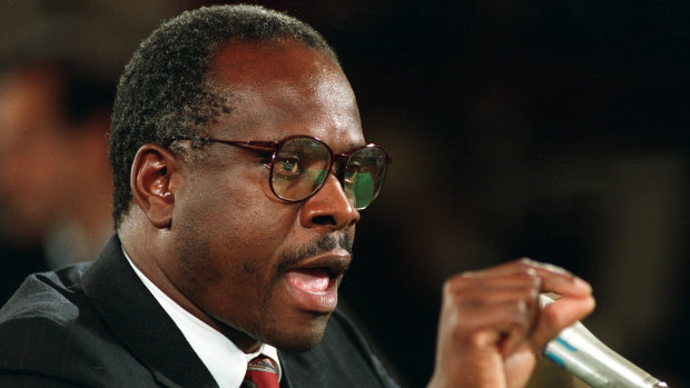 In 1991, then-US Supreme Court nominee Judge Clarence Thomas denounces and denies sexual harassment allegations made by Anita Hill against him before the Senate Judiciary Committee on Capitol Hill in Washington.