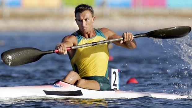 Nathan Baggaley in his silver-medal-winning Olympic kayak race at the 2004 Athens Olympics.