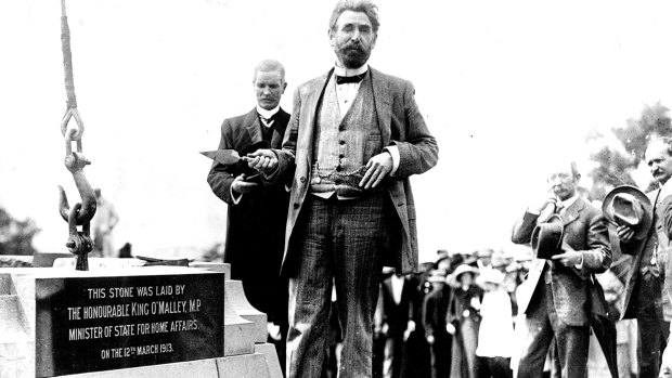 King O'Malley lays the third stone of the Commencement Column, a monument to designate the official foundation of the national capital and its naming as Canberra, 1913.