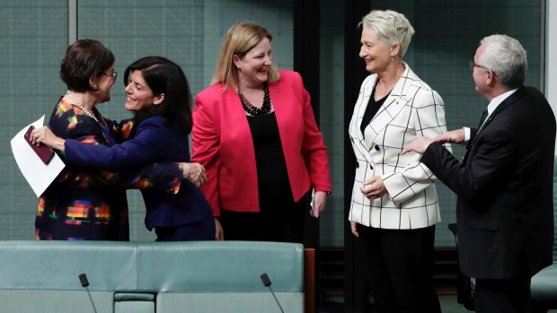 Former Liberal MP Julia Banks is embraced by the crossbench after her defection on Tuesday.