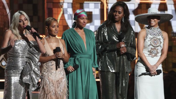 Lady Gaga, Jada Pinkett Smith, Alicia Keys, Michelle Obama and Jennifer Lopez at the  Grammys.