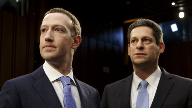 Mark Zuckerberg, Facebook’s chief executive, and Joel Kaplan, its vice-president of global public policy, arrive to testify on Capitol Hill in Washington. 