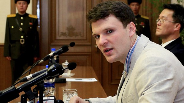 Otto Warmbier pictured last year in Pyongyang. His parents are trying to hold Kim Jong-un's regime legally accountable for his death.