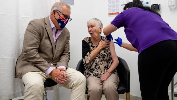 The first person in Australia to receive the first Pfizer dose was aged care resident and World War II survivor Jane Malysiak, who is pictured with Prime Minister Scott Morrison.