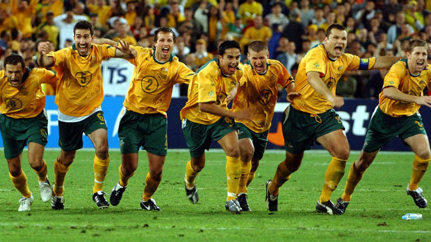 Joy ... The Socceroos celebrate after the penalty that saw them qualify for the 2006 World Cup.