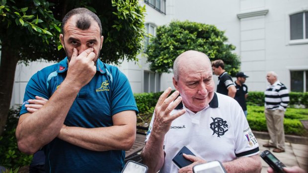 Michael Cheika and Alan Jones before they squared off as coaches for a Wallabies and Barbarians match in 2017. 