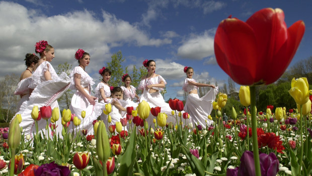 By getting up close with a wide angle lens, the photographer was able to convey the impression that the tulip is dwarfing the dancers.