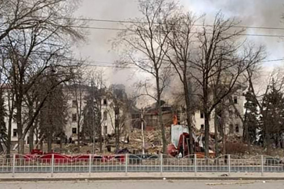 Photo released by Donetsk Regional Civil-Military Administration Council shows the Mariupol Drama Theatre damaged after shelling.