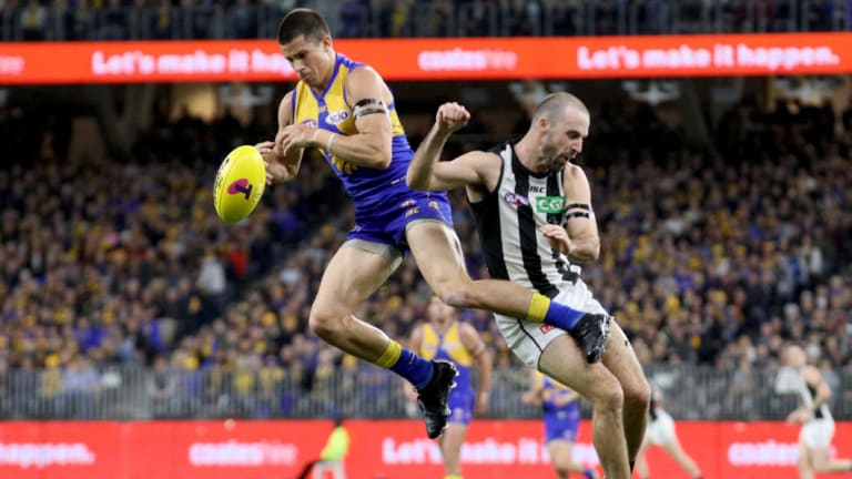 West Coast's Liam Duggan and Collingwood's Steele Sidebottom collide.