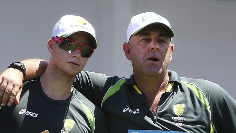 Former Australian coach Darren Lehmann with suspended captain Steve Smith.