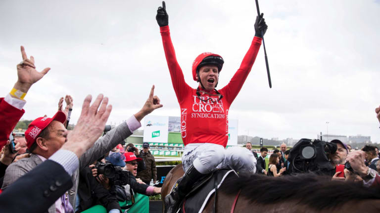 Over the moon: Jockey Kerrin McEvoy after riding Redzel to win the Everest.