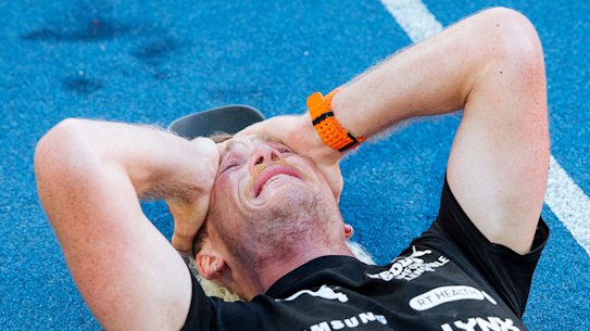 Nedd Brockmann moments after finishing his 1600km run at Sydney Olympic Park on Wednesday morning.