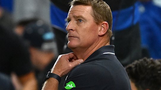 Not again: Blues coach Michael Voss watches on as his team is again over-run, this time by North Melbourne on Good Friday.