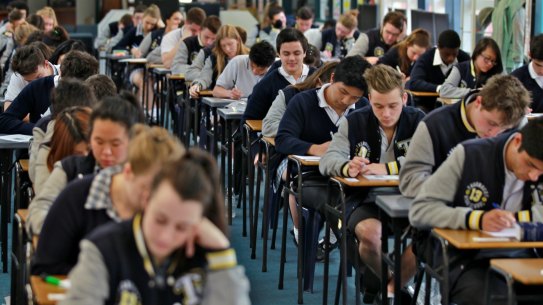 Students sitting the VCE English exam.