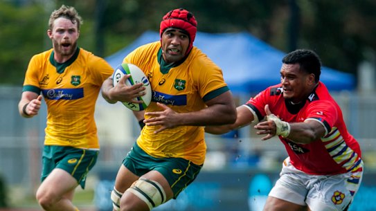 LAUTOKA, FIJI - JULY 16: Langi Gleeson of Australia A With the ball  during the World Rugby Pacific Nations 2022 match between Australia A and Tonga at Churchill Park on July 16, 2022 in Lautoka, Fiji. (Photo by Pita Simpson/Getty Images) LAUTOKA, FIJI - JULY 16: Langi Gleeson of Australia A With the ball during the World Rugby Pacific Nations 2022 match between Australia A and Tonga at Churchill Park on July 16, 2022 in Lautoka, Fiji. (Photo by Pita Simpson/Getty Images)