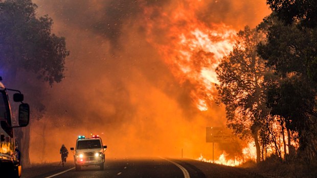 A firefighter running in the distance as the fire crosses the road on South Western Hwy within 1km of Yarloop (Jan 2016).