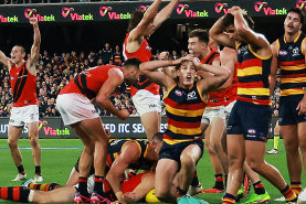 e Crows react as The Bombers celebrate their win during the 2024 AFL Round 06 match between the Adelaide Crows and the Essendon Bombers at Adelaide Oval on April 19, 2024 in Adelaide, Australia. (Photo by James Elsby/AFL Photos via Getty Images)