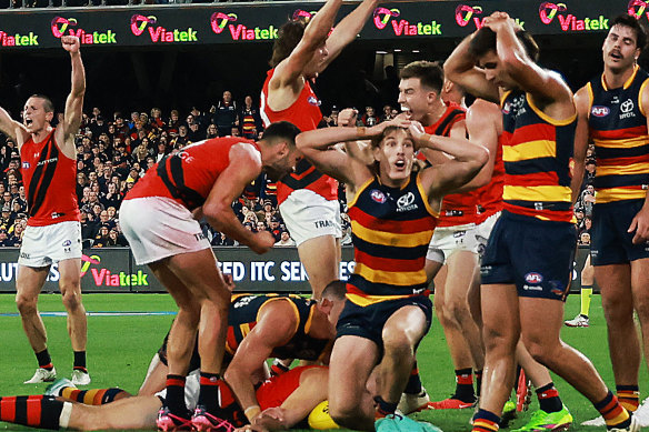 The Crows react as the Bombers celebrate their win at Adelaide Oval.