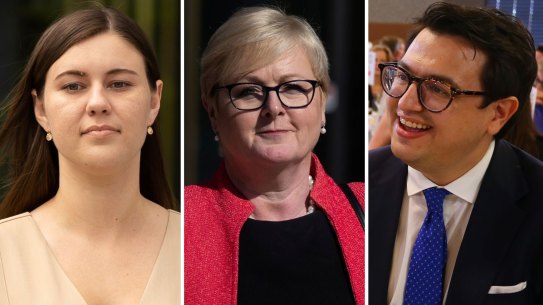 Liberal senator Linda Reynolds (centre) has taken both Brittany Higgins and her partner, David Sharaz, to court.