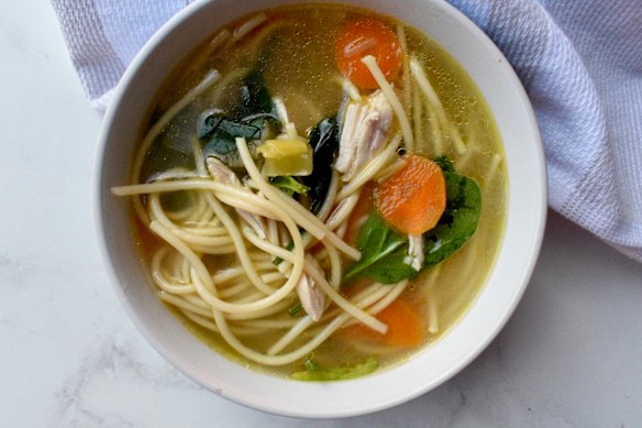 This chicken song soup begins with a whole bag.