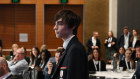 Oxford Falls student and 350.org delegate Christopher Black asks NAB CEO Ross McEwan a question. 
