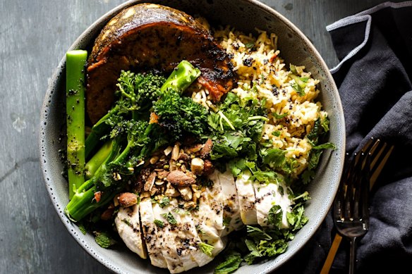 Middle Eastern chicken and spice roasted pumpkin rice bowl.