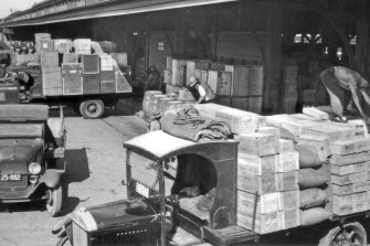 Trucks loading up at the A Shed in the 1930s. 