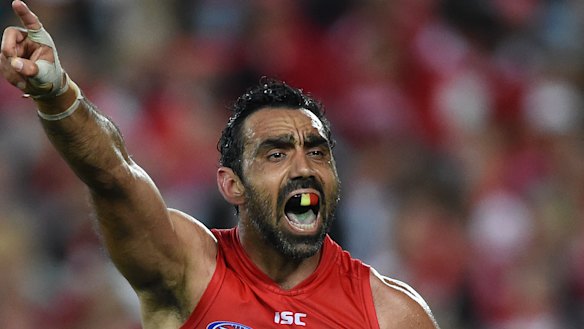 Adam Goodes playing for the Sydney Swans in 2015. 