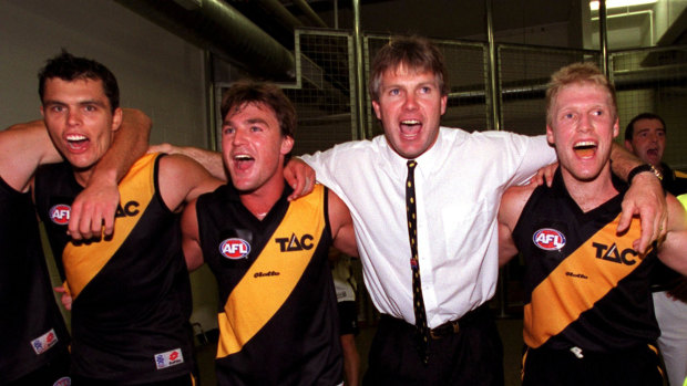 Heart on his sleeve: Frawley celebrates a Richmond win in 2000.