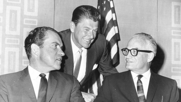 All waged their own war with the media: Ronald Reagan leans in to talk with Richard Nixon and Barry Goldwater (with glasses), the 1964 Republican presidential candidate.