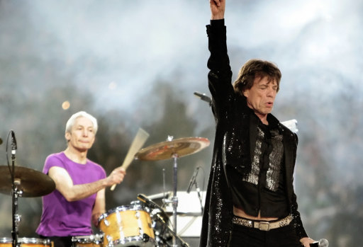 Charlie Watts and Mick Jagger perform at the Super Bowl in the US in 2006.